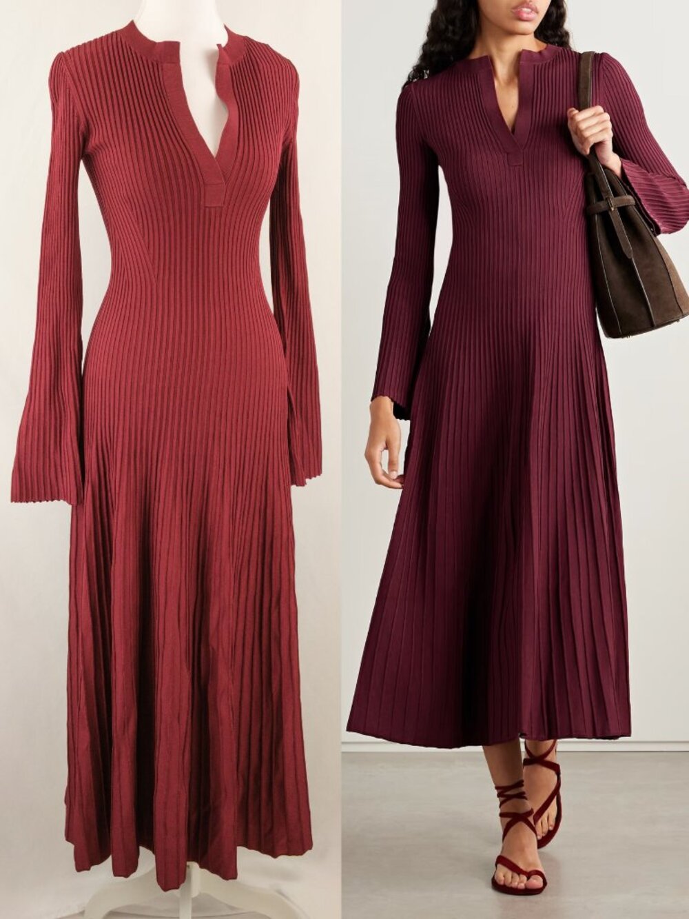 Simkhai Genna Rib Knit Bell Sleeve A-Line Midi Dress, Burgundy Red, XS